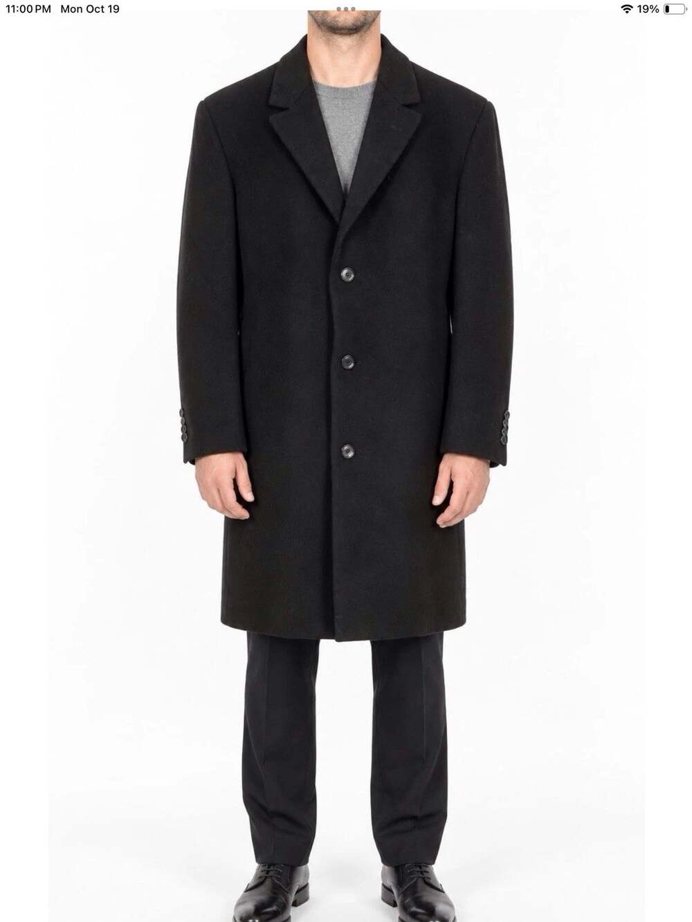 Calvin Klein Men’s 44L Black Wool Long Overcoat Topcoat Quiet Luxury Classic